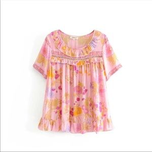 Gypsy Boho Wild Bloom Floral Blush Blouse Top M wildflower free spirit ruffle
